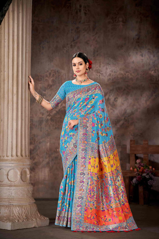 Blue Cotton Blend Woven Thread Floral Saree with Unstitched Blouse - Hiral Fashion