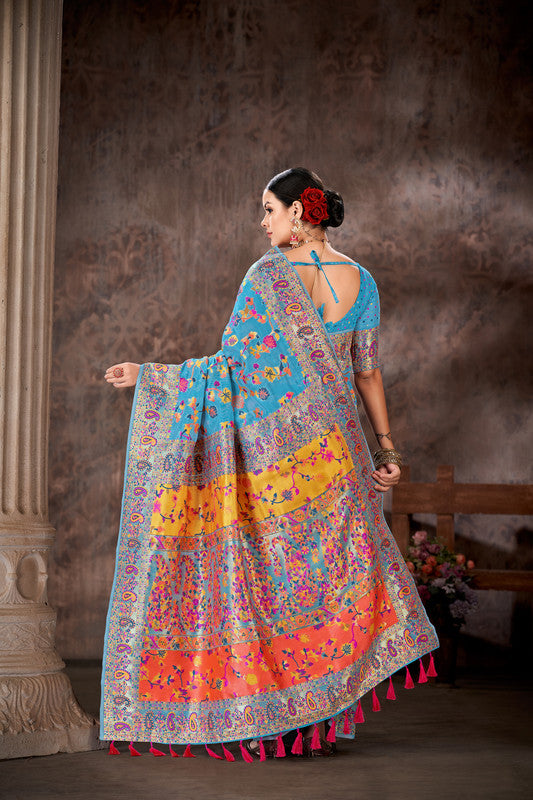 Blue Cotton Blend Woven Thread Floral Saree with Unstitched Blouse - Hiral Fashion