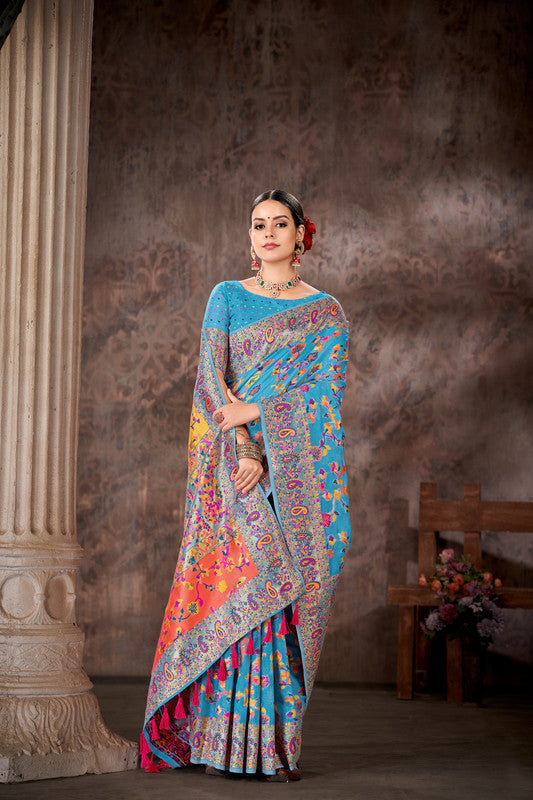 Blue Cotton Blend Woven Thread Floral Saree with Unstitched Blouse - Hiral Fashion