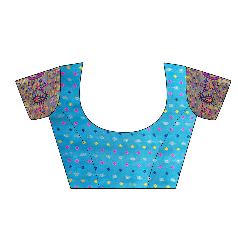 Blue Cotton Blend Woven Thread Floral Saree with Unstitched Blouse - Hiral Fashion