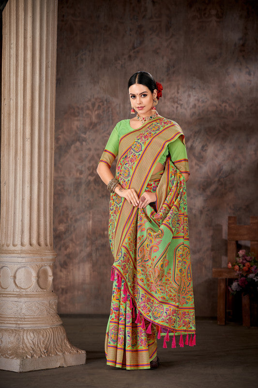 Green Cotton Blend Woven Thread Floral Saree with Unstitched Blouse - Hiral Fashion
