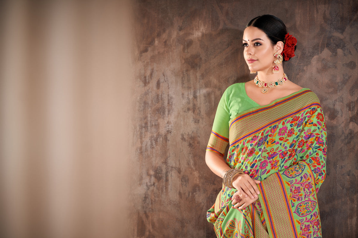 Green Cotton Blend Woven Thread Floral Saree with Unstitched Blouse - Hiral Fashion