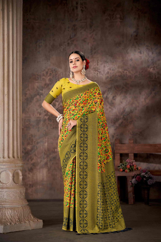 Mustard Cotton Blend Woven Thread Floral Saree with Unstitched Blouse - Hiral Fashion