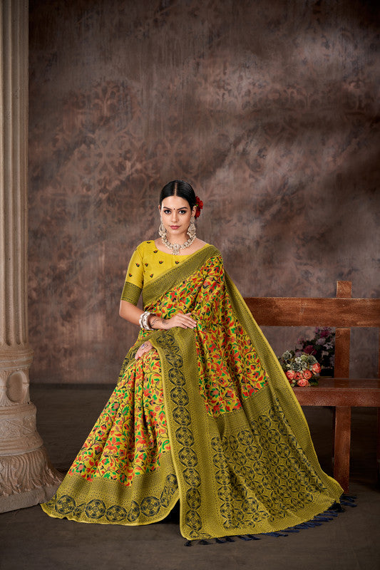 Mustard Cotton Blend Woven Thread Floral Saree with Unstitched Blouse - Hiral Fashion