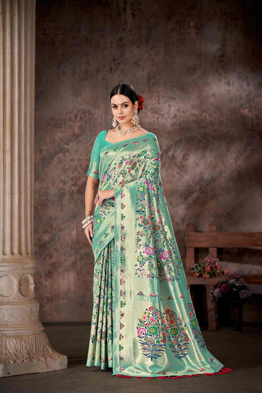 Turquoise Cotton Blend Woven Thread Floral Saree with Unstitched Blouse - Hiral Fashion