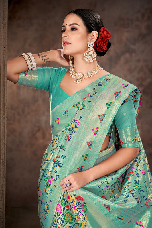 Turquoise Cotton Blend Woven Thread Floral Saree with Unstitched Blouse - Hiral Fashion