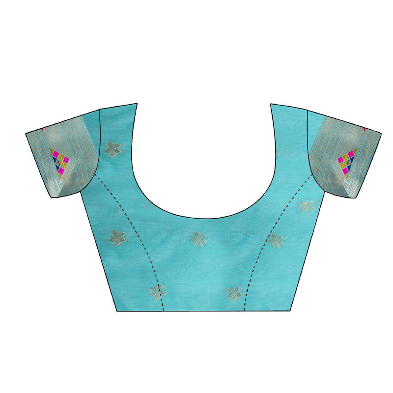 Turquoise Cotton Blend Woven Thread Floral Saree with Unstitched Blouse - Hiral Fashion