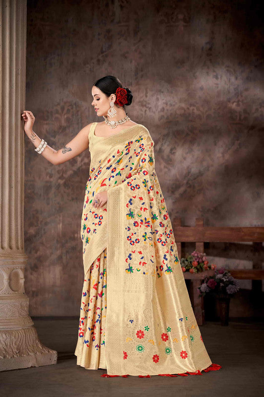 White Cotton Blend Woven Thread Floral Saree with Unstitched Blouse - Hiral Fashion
