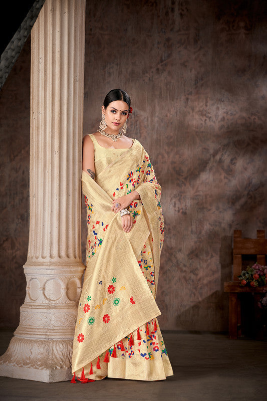White Cotton Blend Woven Thread Floral Saree with Unstitched Blouse - Hiral Fashion