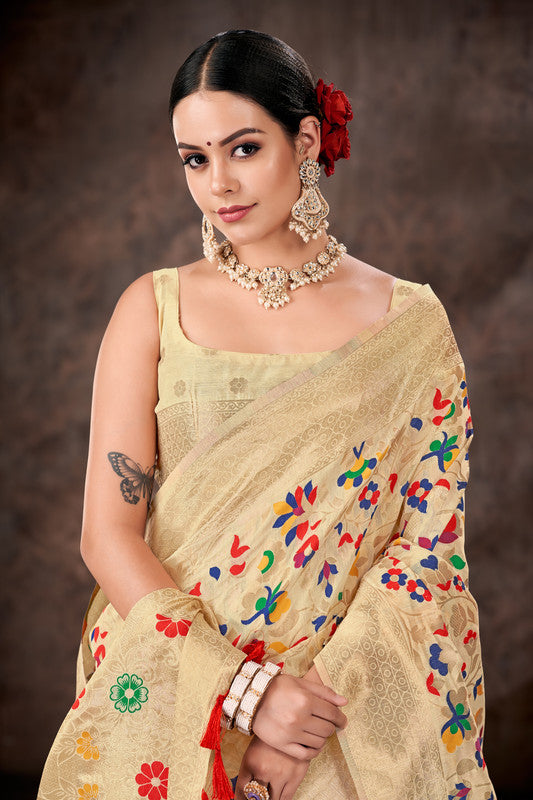 White Cotton Blend Woven Thread Floral Saree with Unstitched Blouse - Hiral Fashion