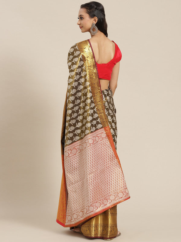 Black Brocade Woven Zari Design Floral Saree with Unstitched Blouse - Hiral Fashion