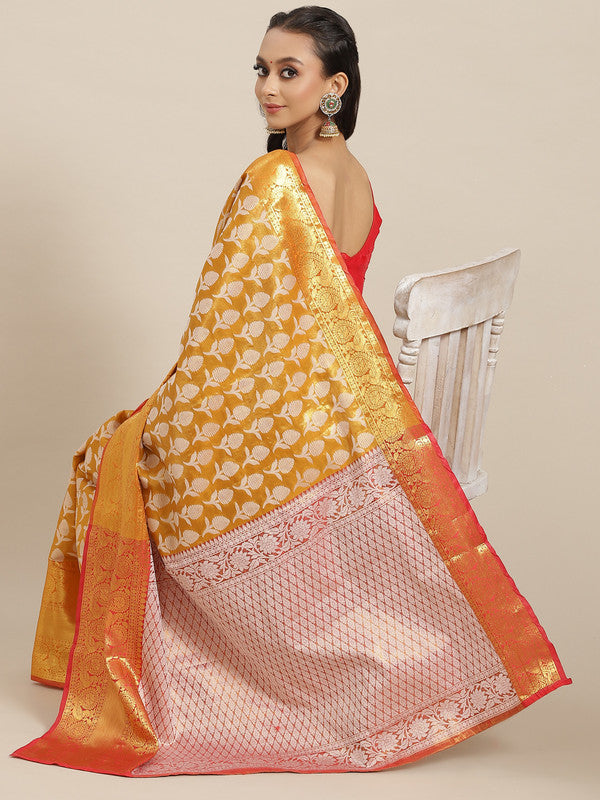 Mustard Brocade Woven Zari Design Floral Saree with Unstitched Blouse - Hiral Fashion