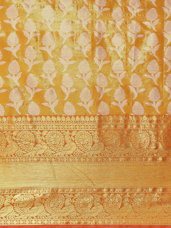 Mustard Brocade Woven Zari Design Floral Saree with Unstitched Blouse - Hiral Fashion