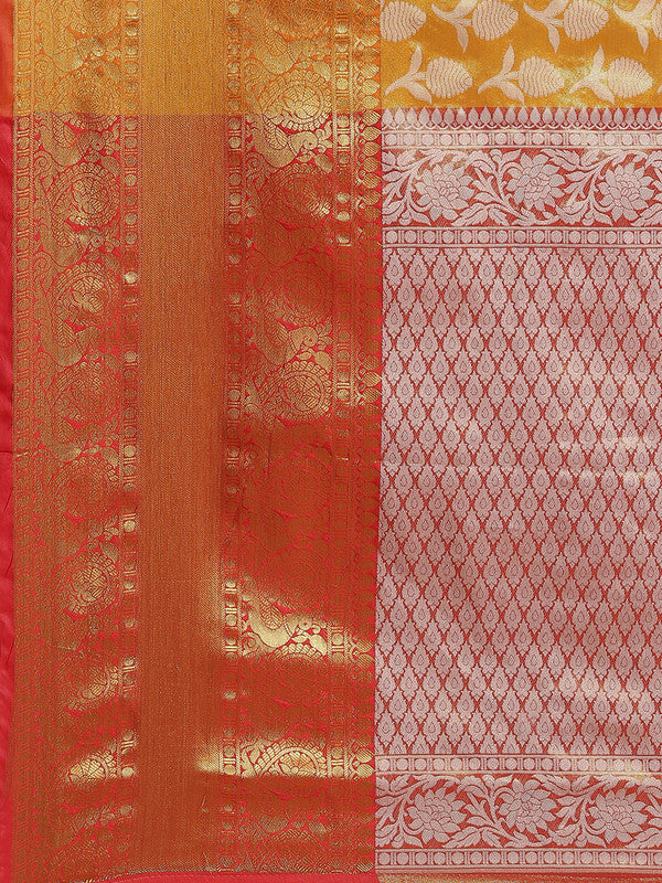 Mustard Brocade Woven Zari Design Floral Saree with Unstitched Blouse - Hiral Fashion