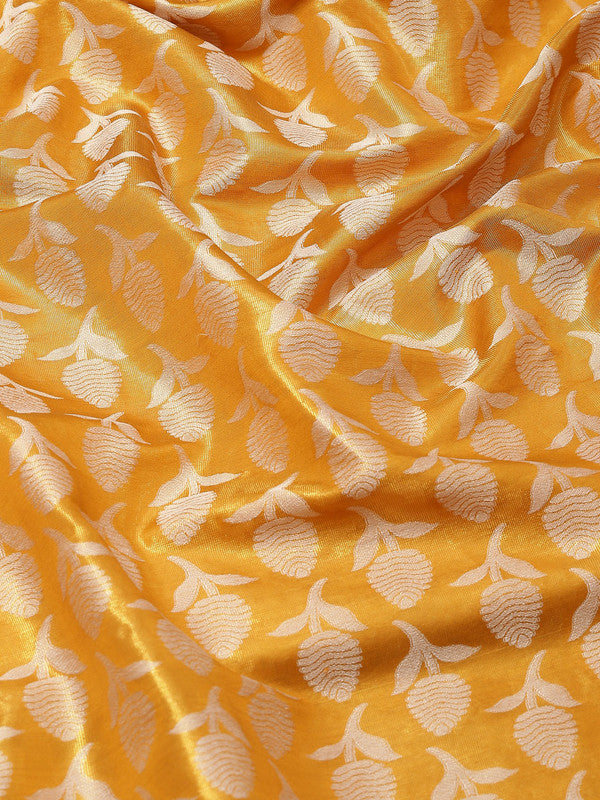Mustard Brocade Woven Zari Design Floral Saree with Unstitched Blouse - Hiral Fashion