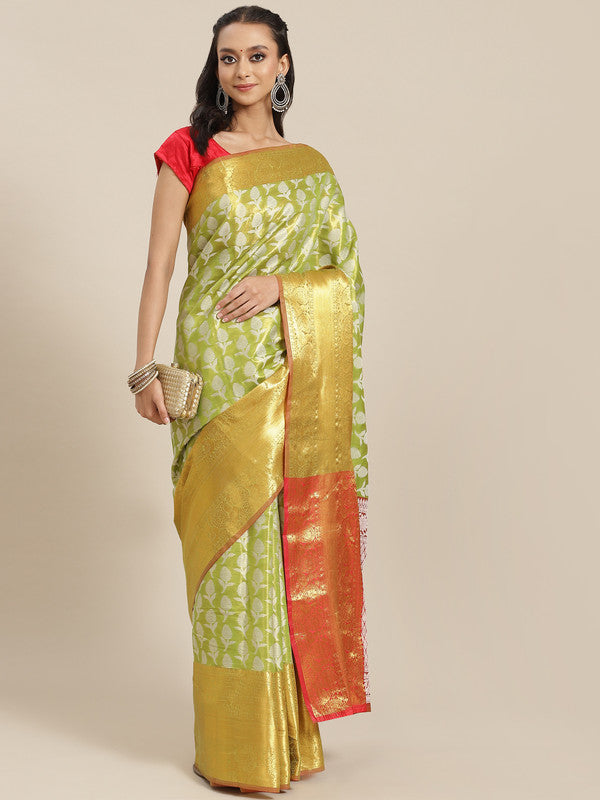 Green Brocade Woven Zari Design Floral Saree with Unstitched Blouse - Hiral Fashion
