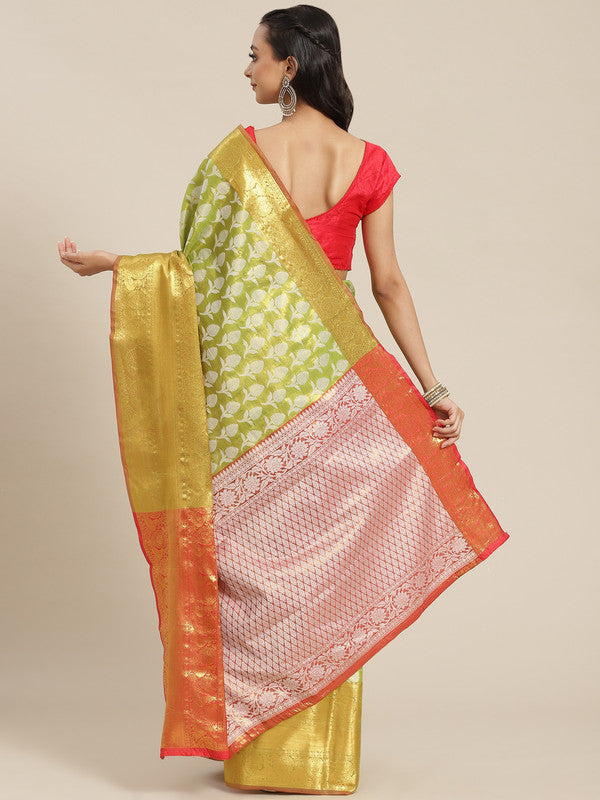 Green Brocade Woven Zari Design Floral Saree with Unstitched Blouse - Hiral Fashion