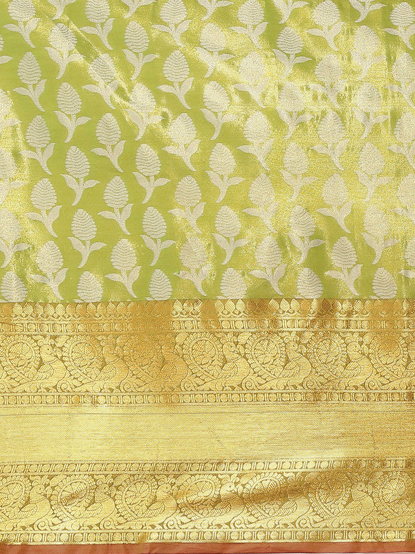 Green Brocade Woven Zari Design Floral Saree with Unstitched Blouse - Hiral Fashion