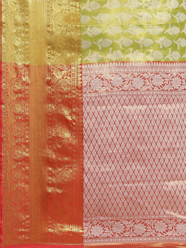 Green Brocade Woven Zari Design Floral Saree with Unstitched Blouse - Hiral Fashion