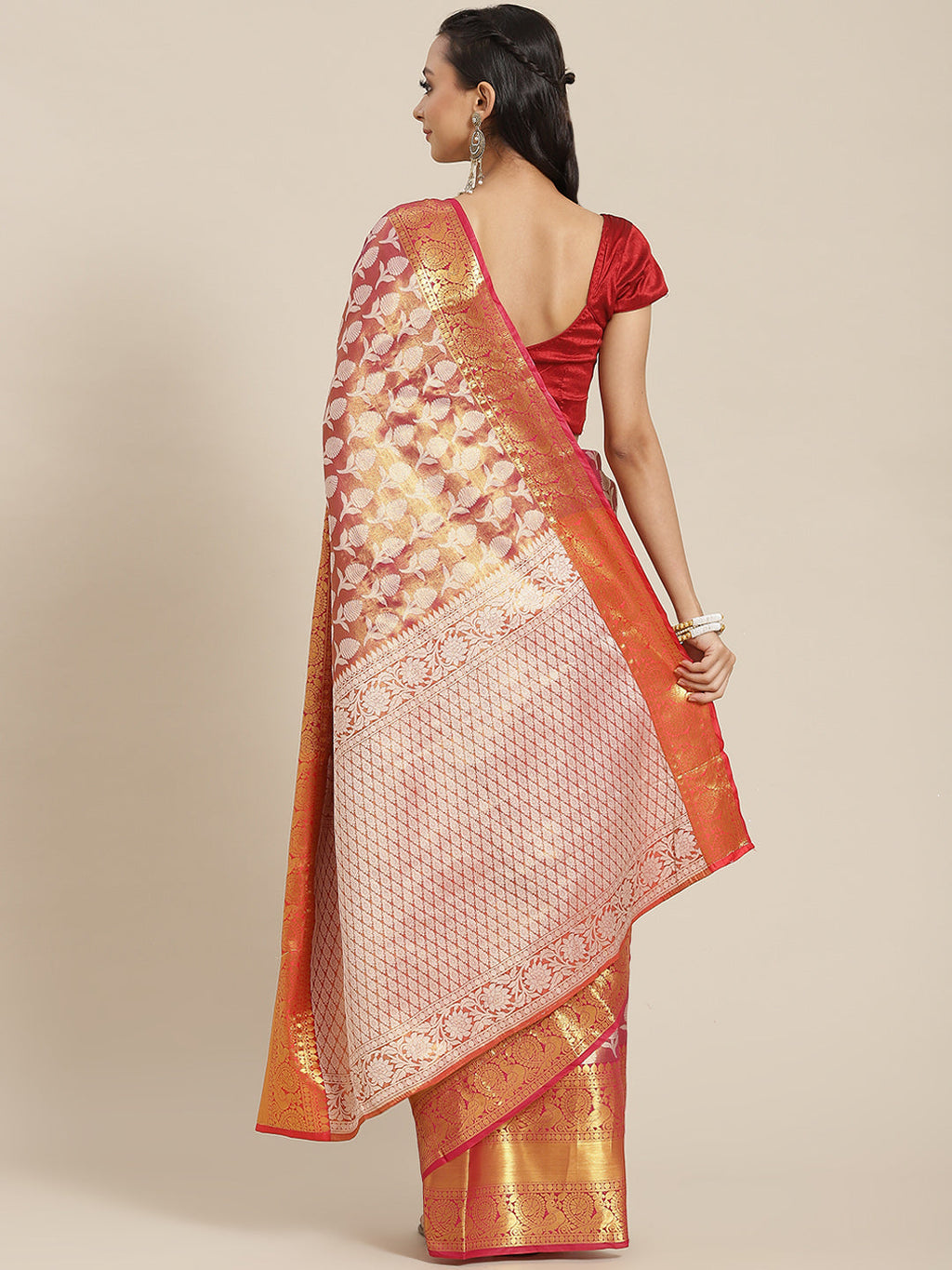 Pink Brocade Woven Zari Design Floral Saree with Unstitched Blouse - Hiral Fashion
