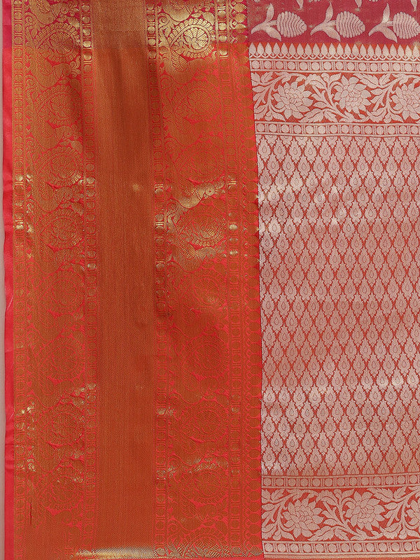 Pink Brocade Woven Zari Design Floral Saree with Unstitched Blouse - Hiral Fashion