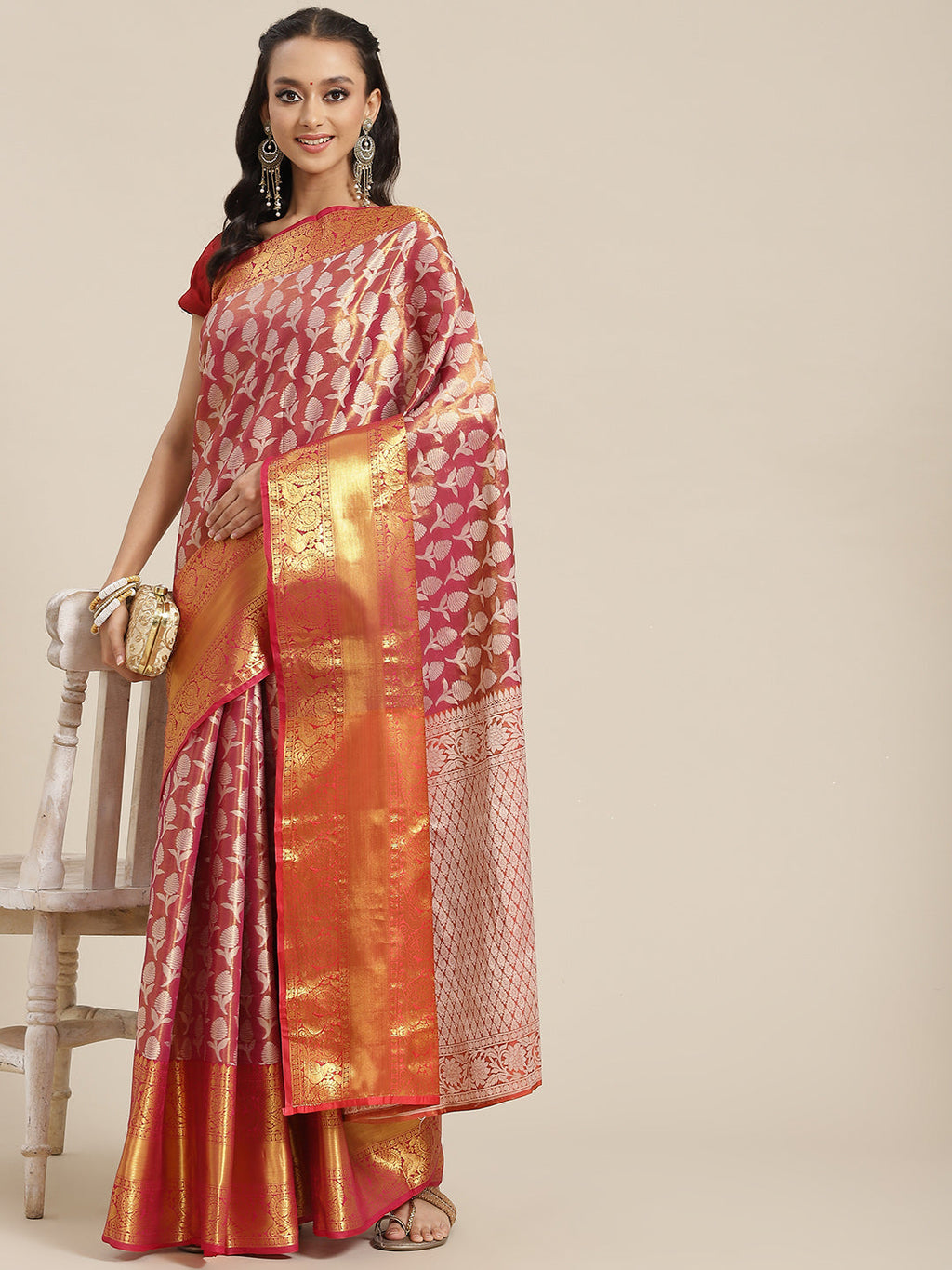 Pink Brocade Woven Zari Design Floral Saree with Unstitched Blouse - Hiral Fashion