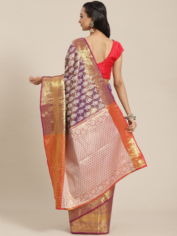 Purple Brocade Woven Zari Design Floral Saree with Unstitched Blouse - Hiral Fashion