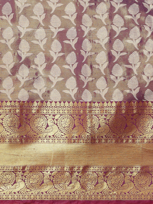 Purple Brocade Woven Zari Design Floral Saree with Unstitched Blouse - Hiral Fashion