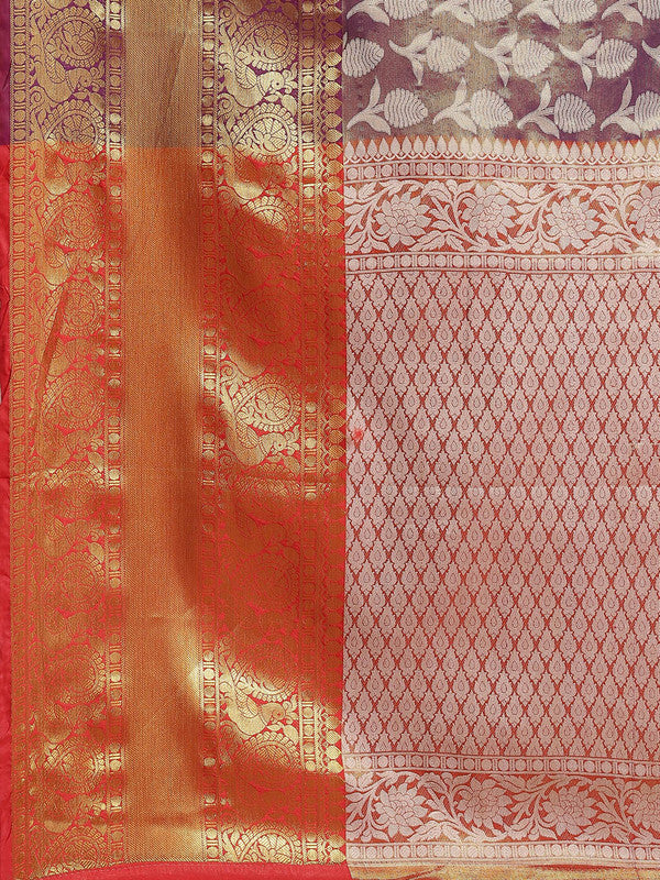 Purple Brocade Woven Zari Design Floral Saree with Unstitched Blouse - Hiral Fashion