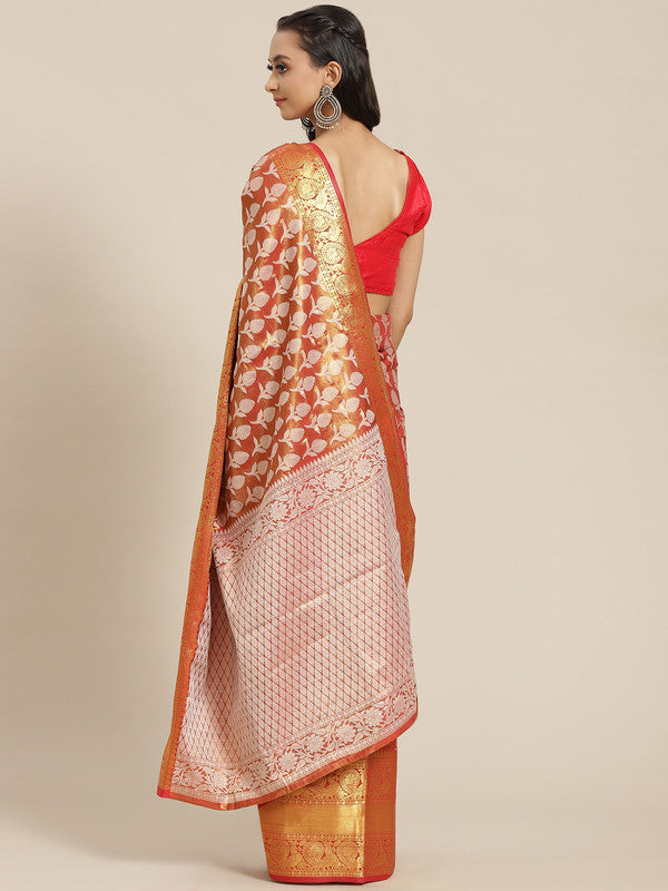 Red Brocade Woven Zari Design Floral Saree with Unstitched Blouse - Hiral Fashion