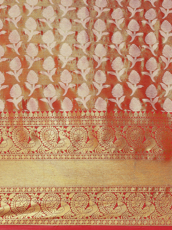 Red Brocade Woven Zari Design Floral Saree with Unstitched Blouse - Hiral Fashion