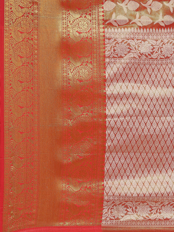 Red Brocade Woven Zari Design Floral Saree with Unstitched Blouse - Hiral Fashion