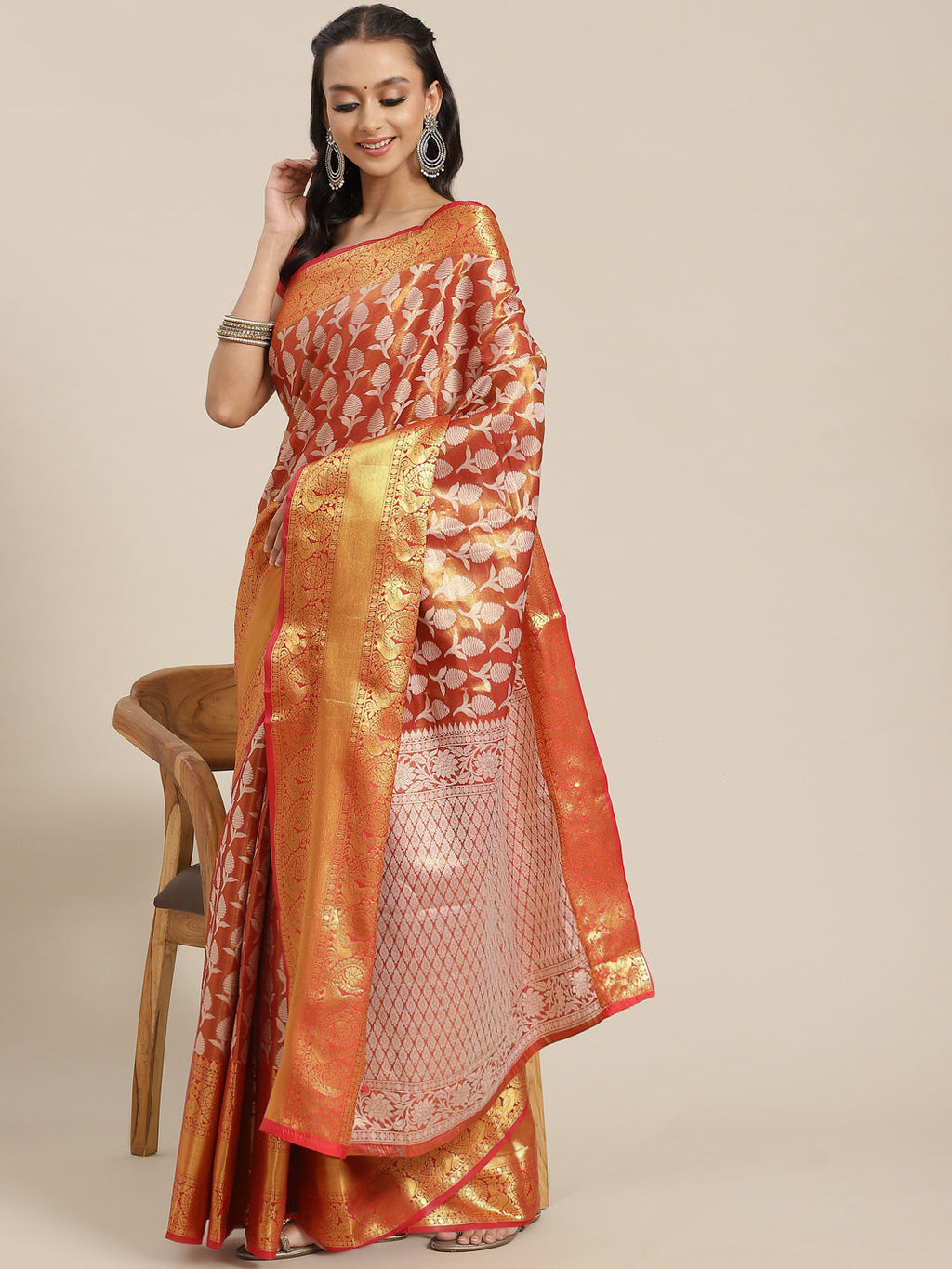 Red Brocade Woven Zari Design Floral Saree with Unstitched Blouse - Hiral Fashion