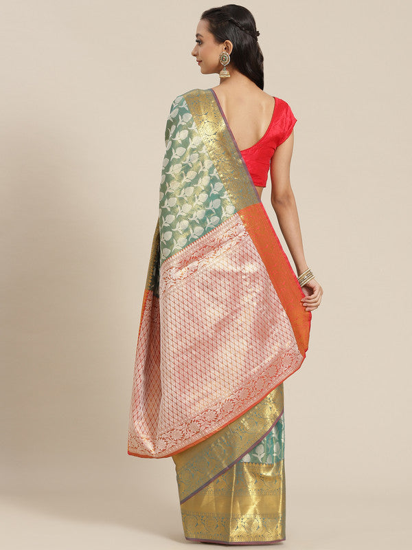 Turquoise Brocade Woven Zari Design Floral Saree with Unstitched Blouse - Hiral Fashion