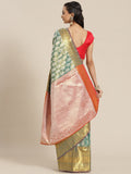 Turquoise Brocade Woven Zari Design Floral Saree with Unstitched Blouse - Hiral Fashion