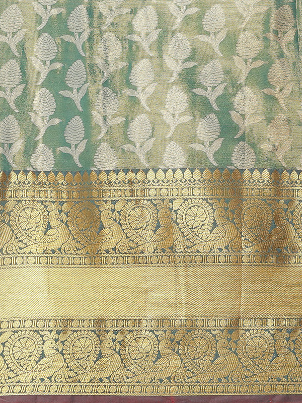 Turquoise Brocade Woven Zari Design Floral Saree with Unstitched Blouse - Hiral Fashion
