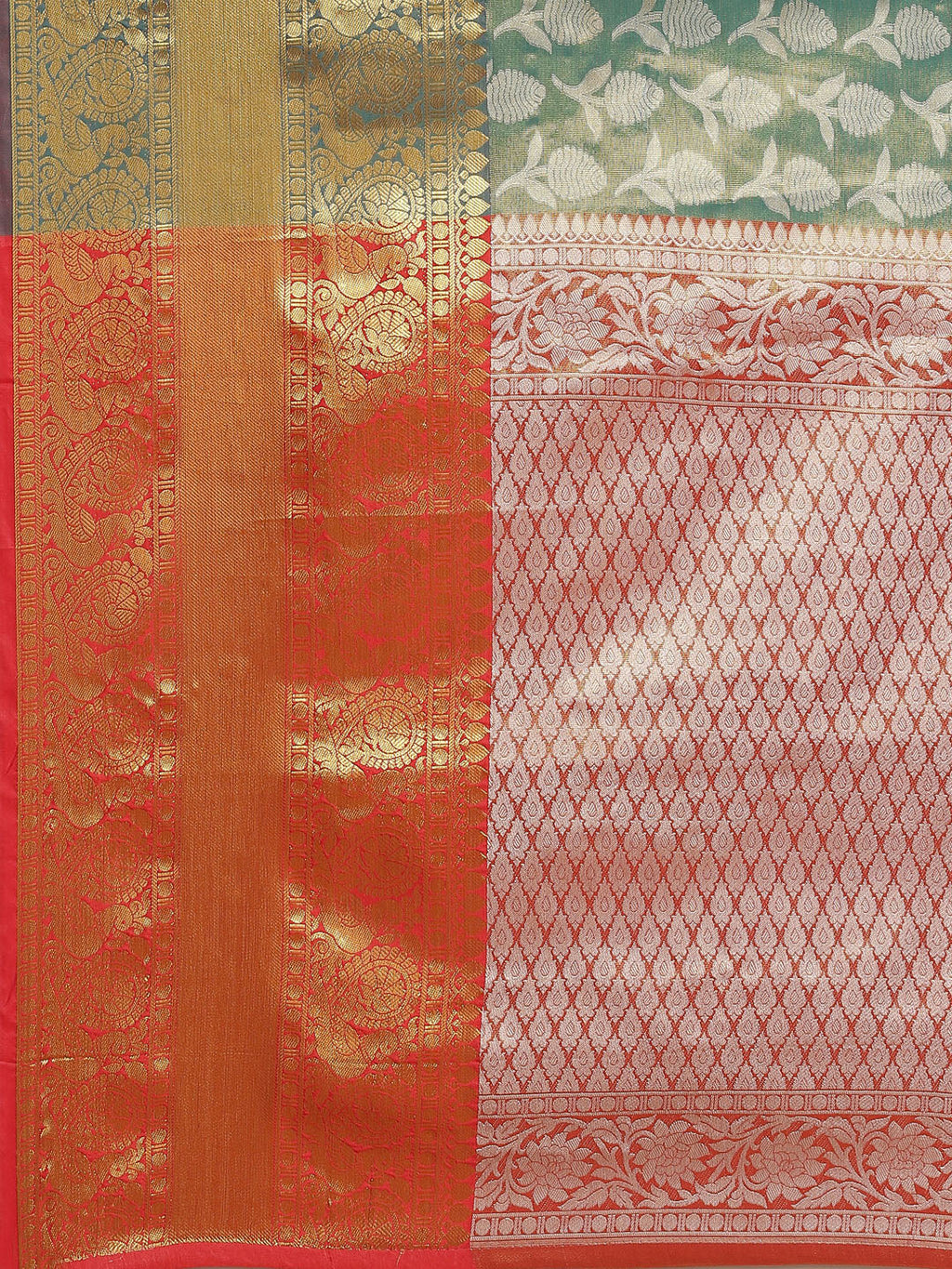 Turquoise Brocade Woven Zari Design Floral Saree with Unstitched Blouse - Hiral Fashion