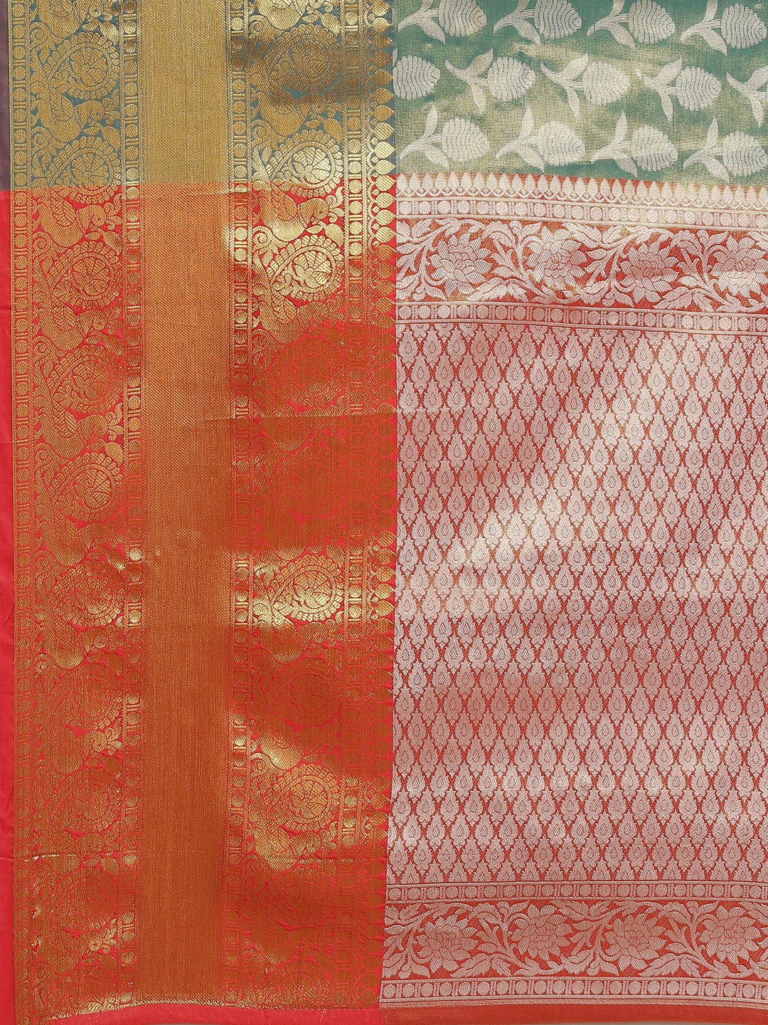 Turquoise Brocade Woven Zari Design Floral Saree with Unstitched Blouse - Hiral Fashion