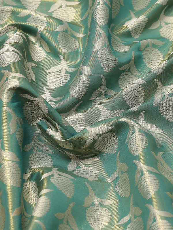 Turquoise Brocade Woven Zari Design Floral Saree with Unstitched Blouse - Hiral Fashion