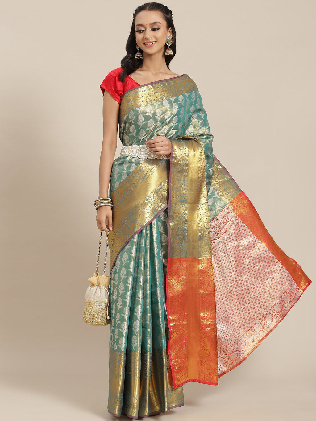 Turquoise Brocade Woven Zari Design Floral Saree with Unstitched Blouse - Hiral Fashion