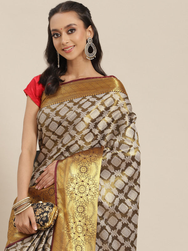 Black Brocade Woven Zari Design Floral Saree with Unstitched Blouse - Hiral Fashion