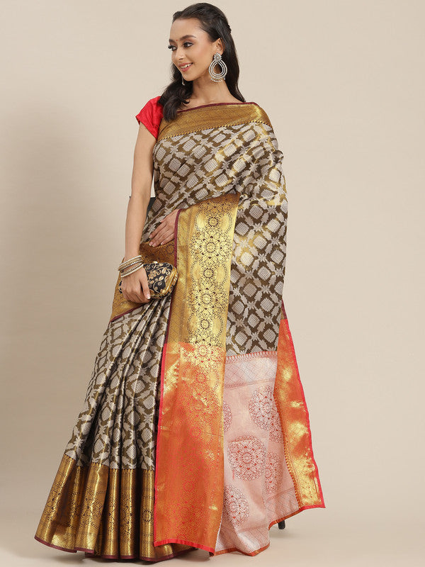 Black Brocade Woven Zari Design Floral Saree with Unstitched Blouse - Hiral Fashion