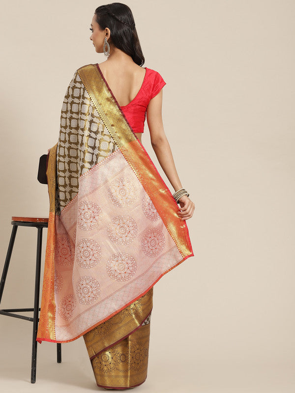 Black Brocade Woven Zari Design Floral Saree with Unstitched Blouse - Hiral Fashion