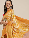 Mustard Brocade Woven Zari Design Floral Saree with Unstitched Blouse - Hiral Fashion