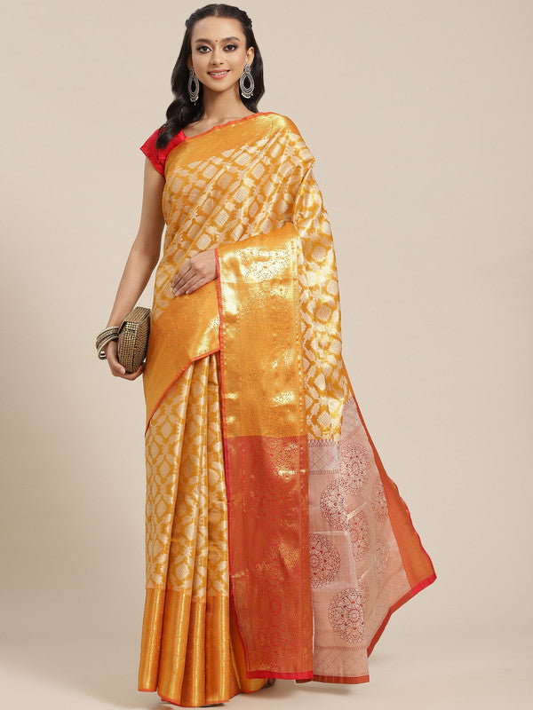 Mustard Brocade Woven Zari Design Floral Saree with Unstitched Blouse - Hiral Fashion