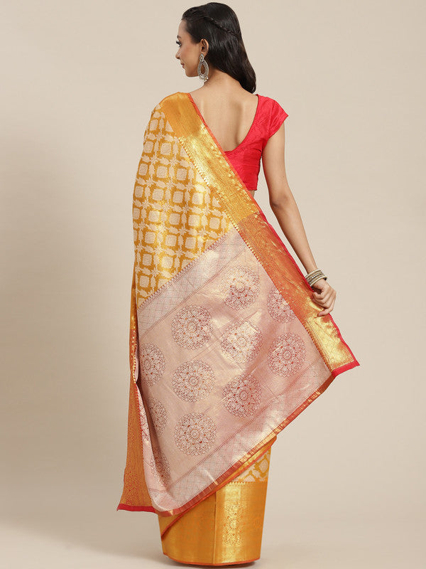 Mustard Brocade Woven Zari Design Floral Saree with Unstitched Blouse - Hiral Fashion