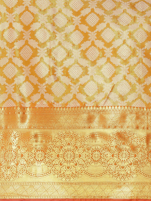 Mustard Brocade Woven Zari Design Floral Saree with Unstitched Blouse - Hiral Fashion