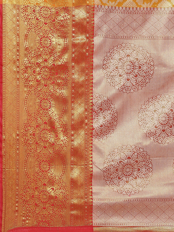Mustard Brocade Woven Zari Design Floral Saree with Unstitched Blouse - Hiral Fashion