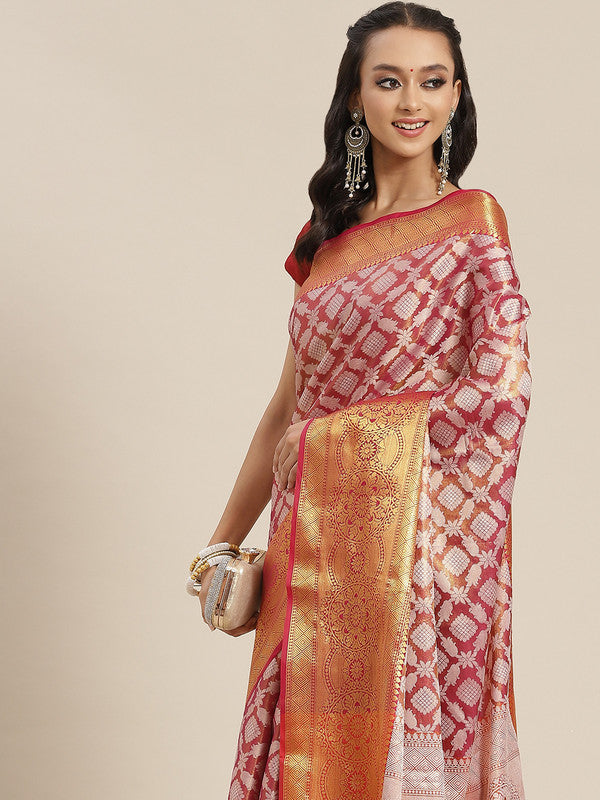 Pink Brocade Woven Zari Design Floral Saree with Unstitched Blouse - Hiral Fashion