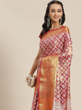Pink Brocade Woven Zari Design Floral Saree with Unstitched Blouse - Hiral Fashion